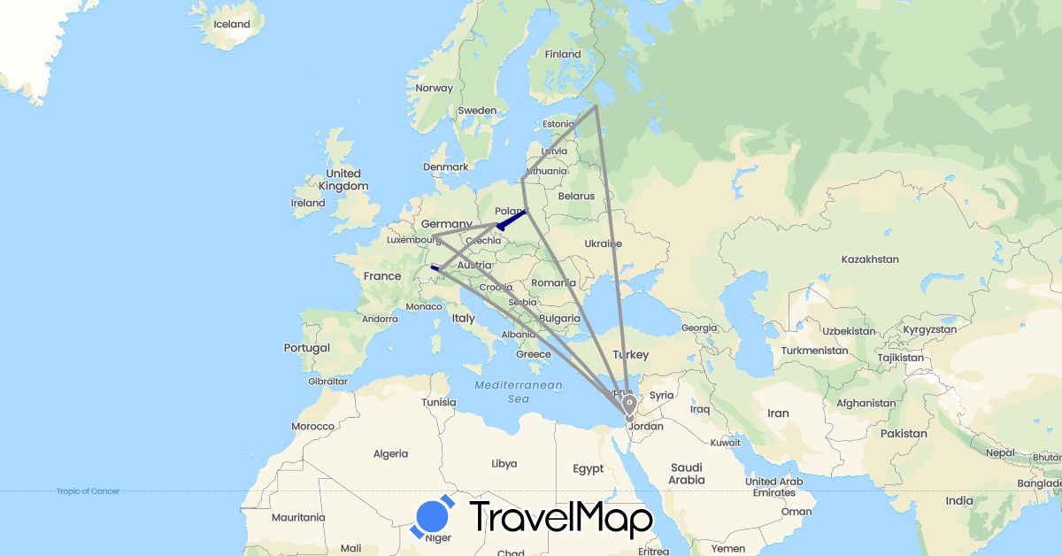 TravelMap itinerary: driving, plane in Switzerland, Germany, Israel, Liechtenstein, Poland, Russia (Asia, Europe)